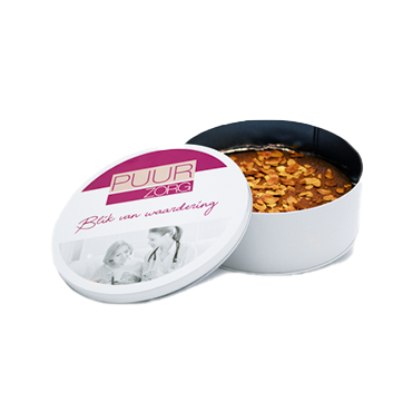 BS1100 Ook een koekblik met bedrukking zoals blik voor de zorg kopen?