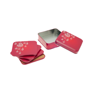 Kerst BS2099 Blik vierkant inclusief onderzetters rood