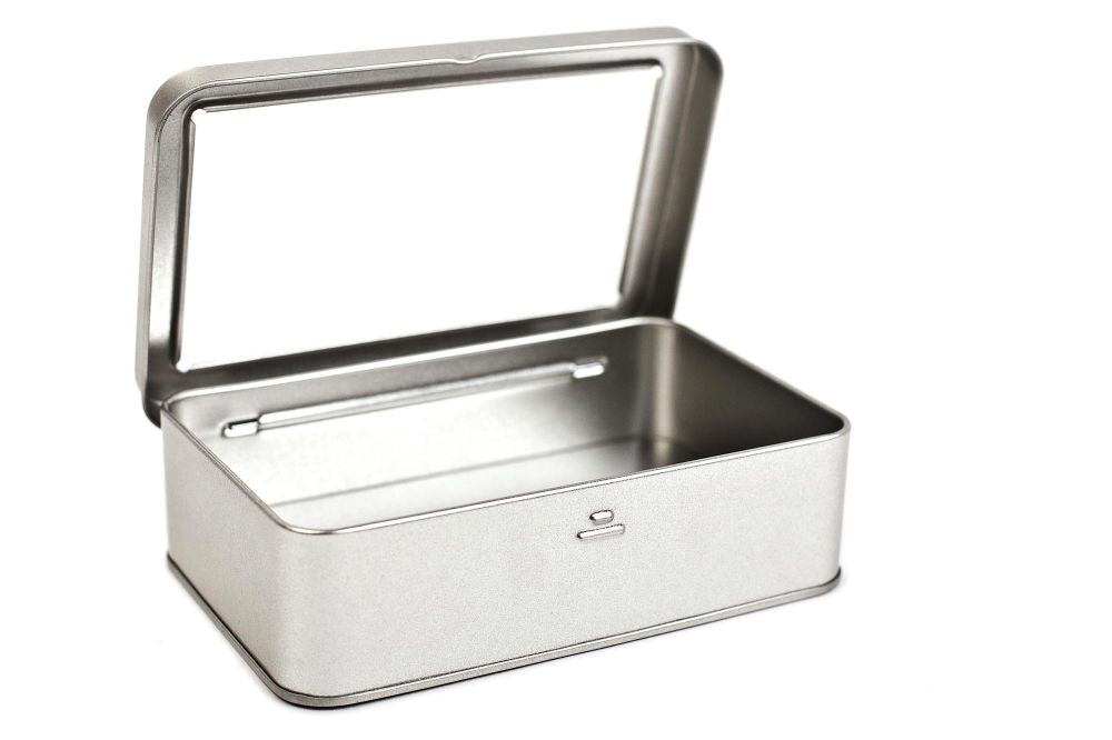 RECHTHOEKIG BLIK MET VENSTER - 145x90x35 MM