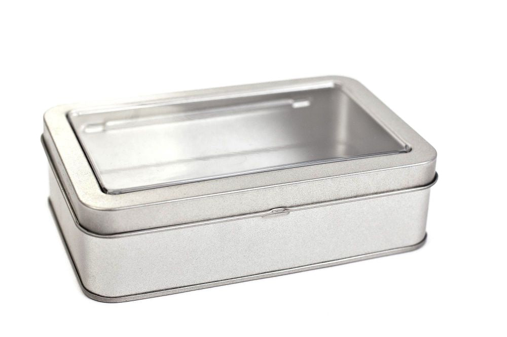 RECHTHOEKIG BLIK MET VENSTER - 145x90x35 MM